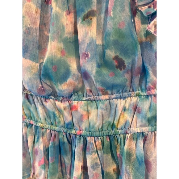 French Connection XS Ruffled Sleeveless Watercolor Peplum Top Blue & Pink - Picture 7 of 9